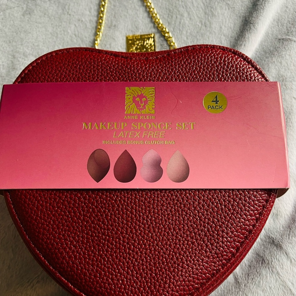 Anne Klein 4 pcs make up sponge set include Red Heart clutch bag Burgundy